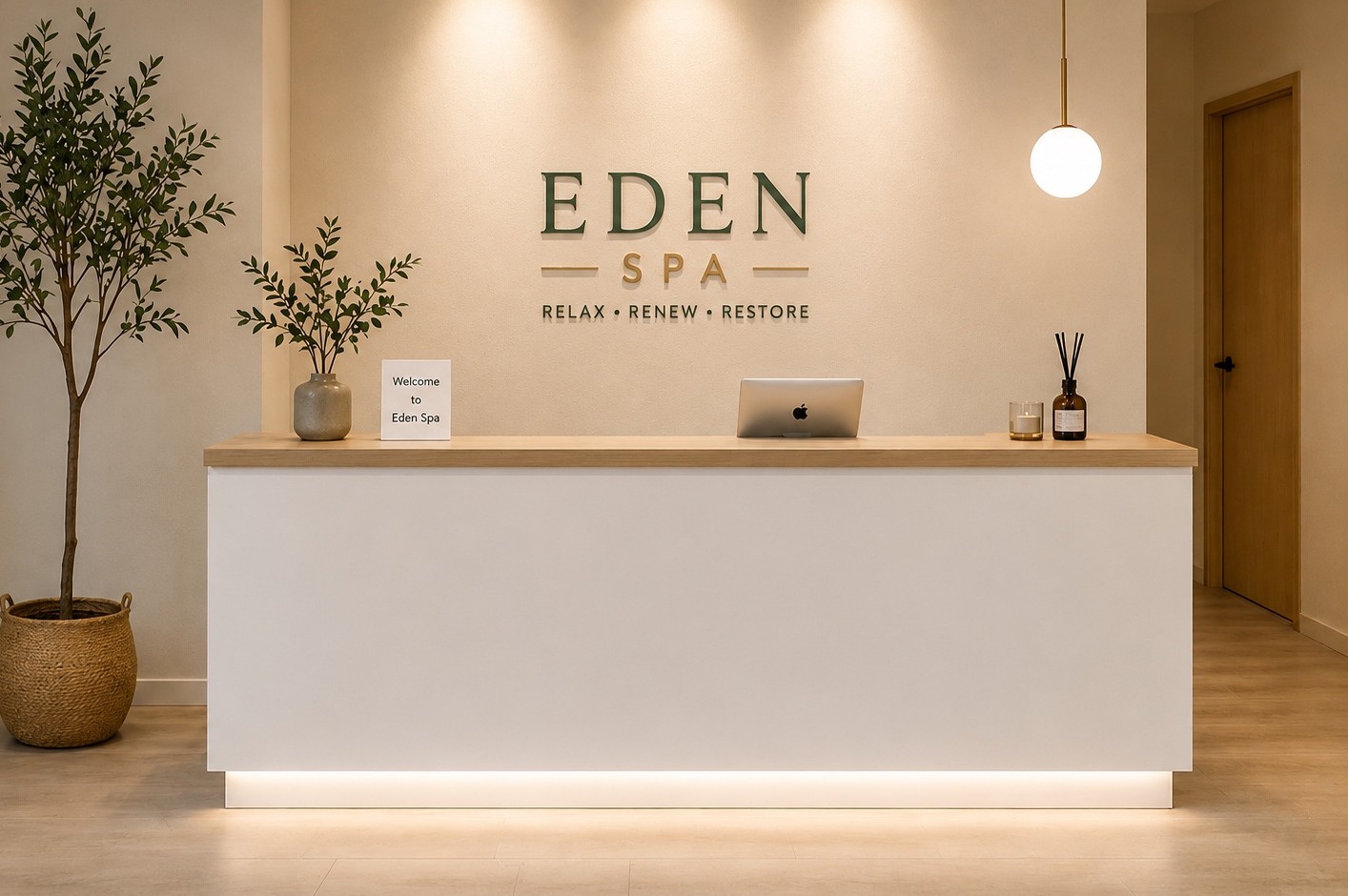 The calm, light-filled reception at Eden Spa, with the Eden Spa logo on the wall behind the desk